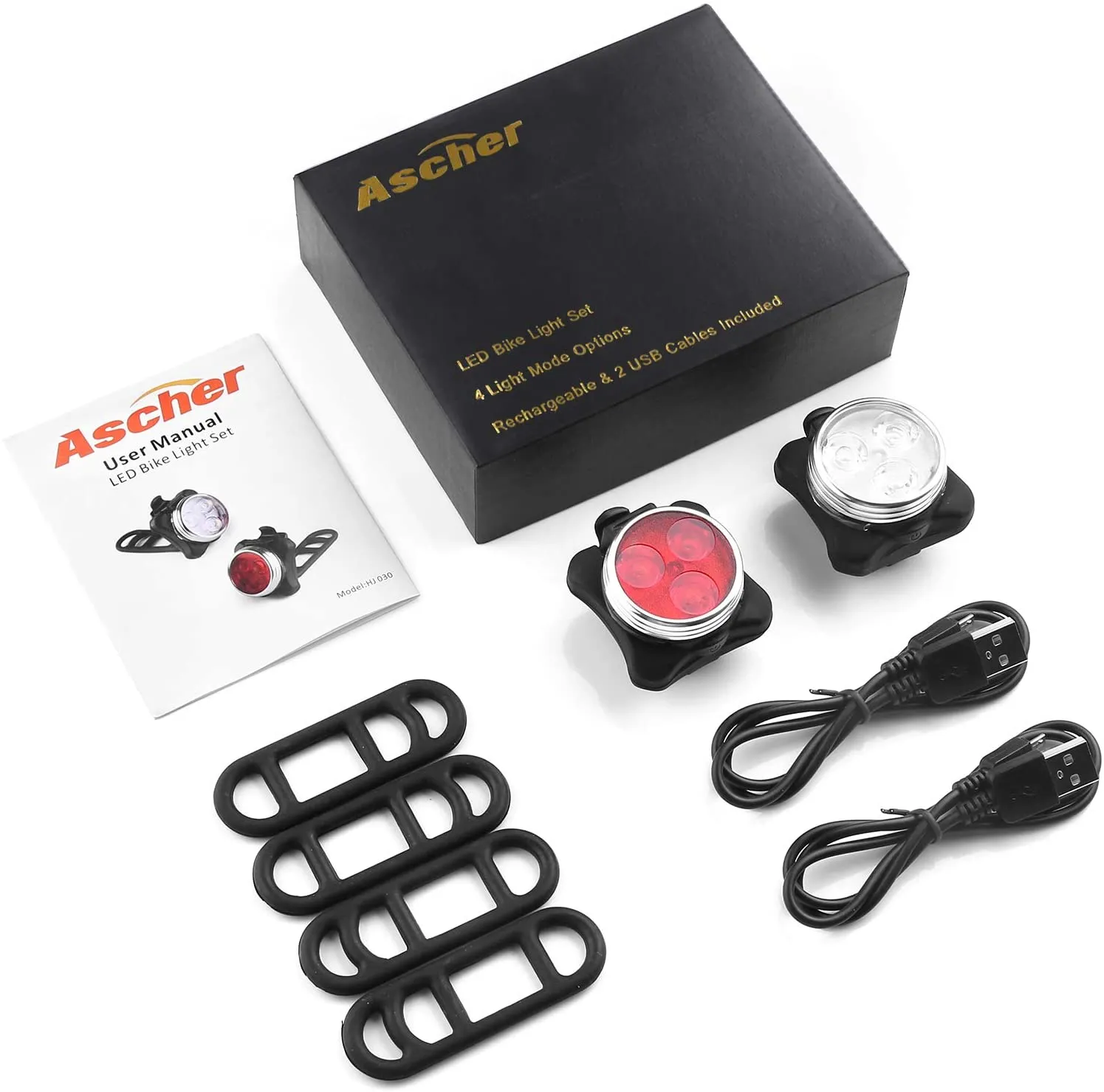 Ascher USB Rechargeable Bike Light Set