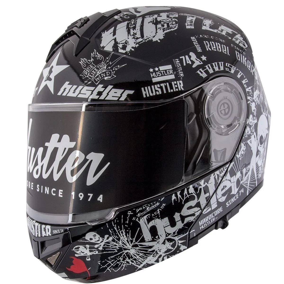 Hustler HT-65 'Hardcore' Gloss Black and White Modular Helmet with Hawk Com 2 Bluetooth System
